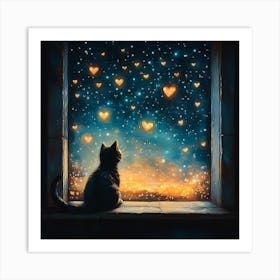 Dreamy Night Sky with Heart Stars Cat 1 Art Print