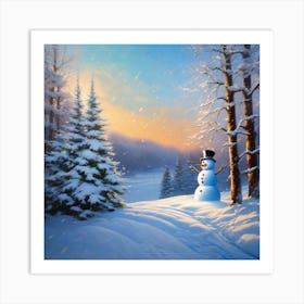 Snowman In The Woods 2 Art Print