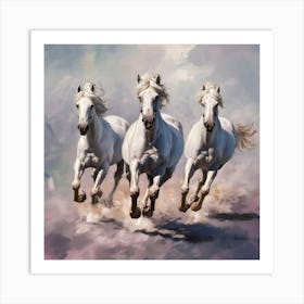 Painting Of 3 Abstract Art White Horses Running Art Print