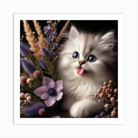 Kitten With Flowers 2 Art Print