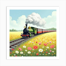 Charming Train Crossing A Beautiful Watercolor Field Of Blooms 1 Art Print