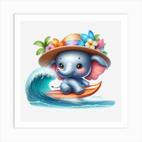 Cute Elephant Riding A Surfboard Art Print