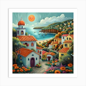 Village By The Sea, Naive, Whimsical, Folk Art Print