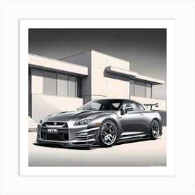 A Highly Detailed Pencil Drawing Of A Sleek, Silver Nissan GTR R35 In Front Of A Contemporary, Modern House 1 Art Print