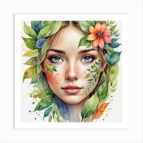 Watercolor Of A Girl With Flowers 1 Art Print