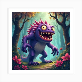 Monster With Jagged Teeth In A Colorful, Magical Forest 1 Art Print