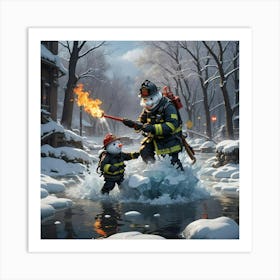 Firefighter And Snowman Art Print