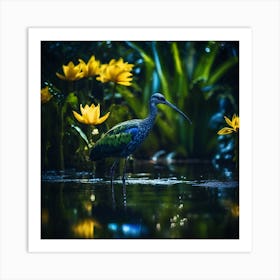 Long Beaked Blue and Green Bird with Yellow Flowers Art Print