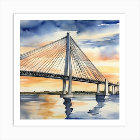 Accurate drawing and description. Sunset over the Arthur Ravenel Jr. Bridge in Charleston. Blue water and sunset reflections on the water. Watercolor.3 Art Print