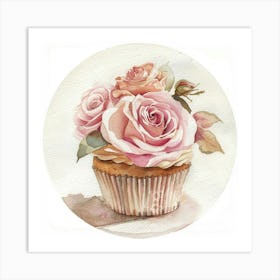 Watercolor Peach And Pink Floral Sweet Cupcake Art Print