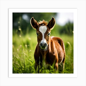 Grass Horse Green Brown Meadow Nature Young Baby Head Mammal Cow Calf Wild Donkey Pony (1) Art Print