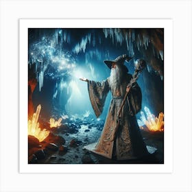 Wizard casting a spell in a cave 1 Art Print