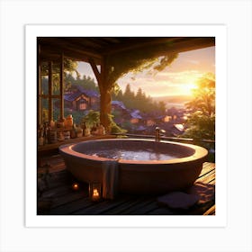 A Rustic Bath On A Deck Over Looking A Village Scene Bathed In The Ethereal Glow Of A Heavenly Realm Art Print