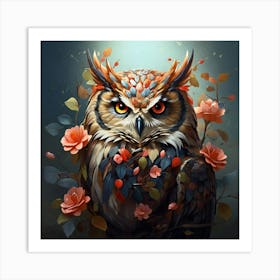 Owl With Flowers Art Print