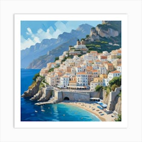 Italy, Amalfi Coast Cute Illustration In Blue Art Print 1 Art Print