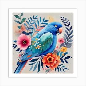 Parrot With Flowers Art Print