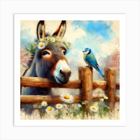 Donkey And Bluebird Art Print