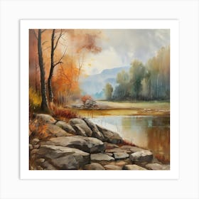 Autumn Lake,Forest Lake, Vintage Oil Painting, Farmhouse Wall Decorations, Antique Landscape, Vintage Landscape Oil Painting.4 5 Art Print