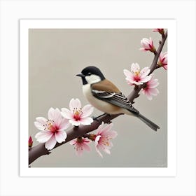 A Small Sparrow Perched On A Blooming Cherry Blossom Branch Art Print