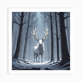 A White Stag In A Fog Forest In Minimalist Style Square Composition 44 Art Print