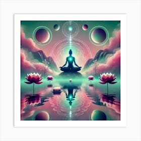 Surreal Meditation Art with Floating Figure and Lotus Flowers – Ethereal Spiritual Design Art Print