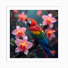 A Colorful Parrot Perched On A Giant Orchid, Surrounded By Surreal, Glowing Flowers Art Print