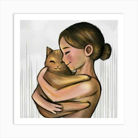 Girl Hugging A Cat Art Print