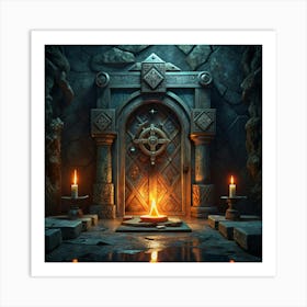 Mysterious Stone Door With Burning Candles In A Dark Room Art Print