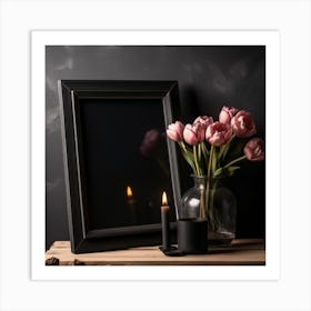 Black Frame With Flowers And Candle Art Print