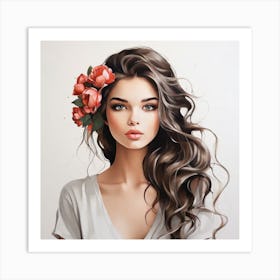 Portrait Of A Girl With Flowers Art Print