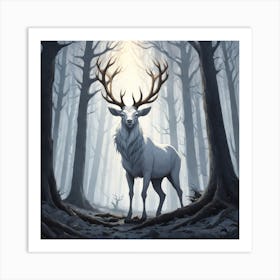 A White Stag In A Fog Forest In Minimalist Style Square Composition 70 Art Print