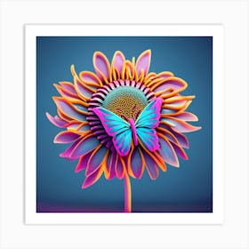 3d Sunflower With Butterfly Art Print