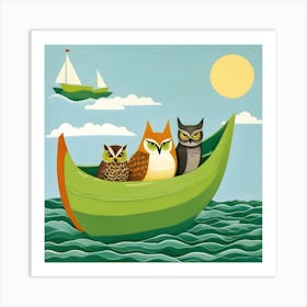 Three Owls In A Pea Green Boat Art Print