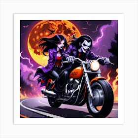 Spooky Couple On Motorcycle Art Print