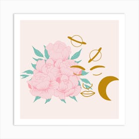Golden Woman And Flowers Square Art Print