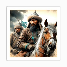 Mongolian Warrior Leader On A Horse Color Drawing Art Print