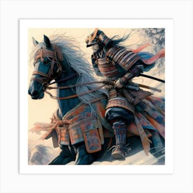 Traditional Samurai On His Decorated Horse Color Drawing Art Print