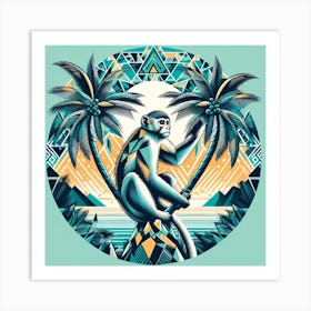 Geometric Art Monkey sits on a palm tree Art Print