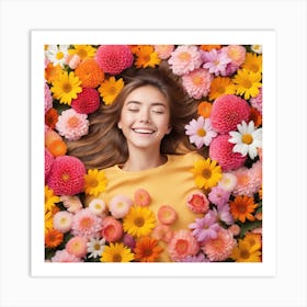 Beautiful Young Woman Laying On Flowers Art Print