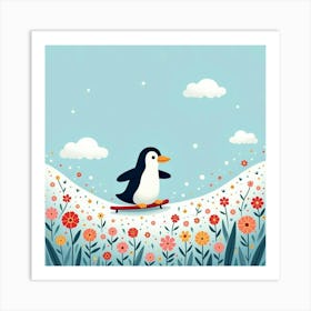 A Quirky Penguin Sliding Across An Icy Flower Field, With Whimsical Clouds Overhead Art Print