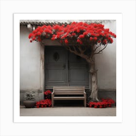 Red Tree In Front Of House Art Print