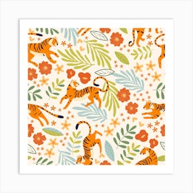 Floral Tiger Pattern With Colorful Decoration Square Art Print