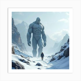 Giant Made Of Stone Walking Through A Snowy Mountain 1 Art Print