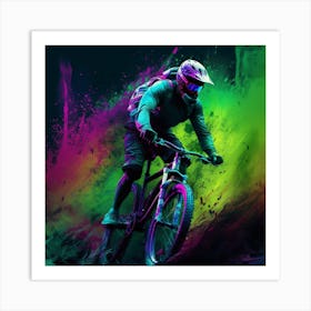 Mountain Biker In Colorful Powder Art Print