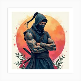 Ninja With Mystical Tattoos, Colorful Watercolor Background 1 Art Print