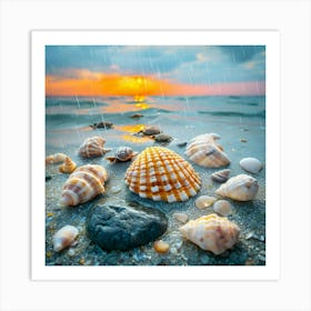 Seashells On Sand Under Sunset With Gentle Rain 1 Art Print