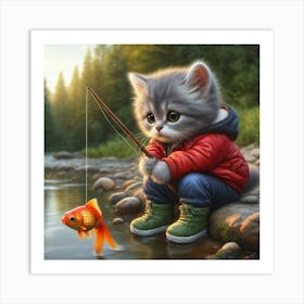 Little Kitten Fishing 1 Art Print