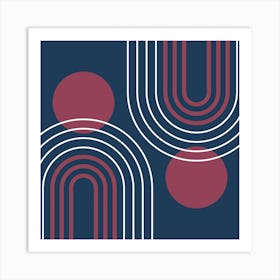 Mid Century Modern Geometric B31 In Navy Blue And Burgundy (Rainbow And Sun Abstract) 02 Art Print