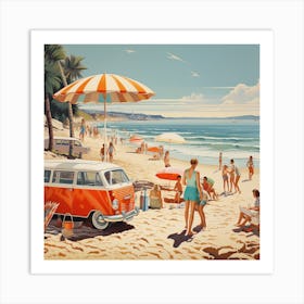 Beach Scene With Families Art Print
