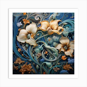 Flowers On A Blue Background Art Print